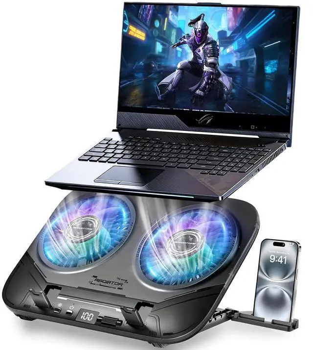Main image of Upgraded Laptop Cooling Pad with Dual TEC Coolers & 2 Quiet Fans-RGB Laptop Cooler for 12-21in Laptops, Gaming Laptop Fan Cooling Pad Stand with Phone Holder, 100-Speed & 5-Height Adjustable, USB Port
