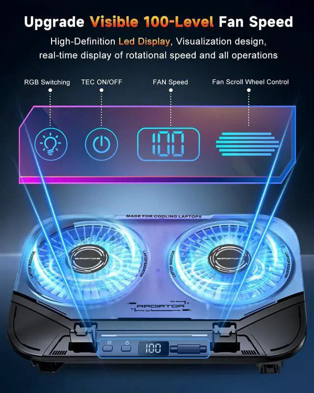 Alt view image 5 of 7 - Upgraded Laptop Cooling Pad with Dual TEC Coolers & 2 Quiet Fans-RGB Laptop Cooler for 12-21in Laptops, Gaming Laptop Fan Cooling Pad Stand with Phone Holder, 100-Speed & 5-Height Adjustable, USB Port