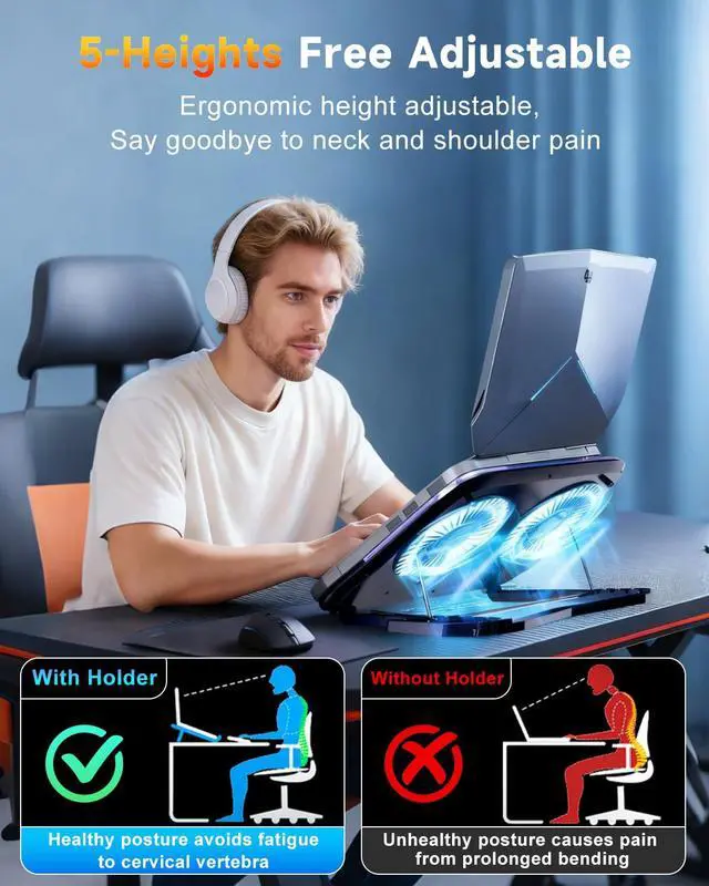 Alt view image 4 of 7 - Upgraded Laptop Cooling Pad with Dual TEC Coolers & 2 Quiet Fans-RGB Laptop Cooler for 12-21in Laptops, Gaming Laptop Fan Cooling Pad Stand with Phone Holder, 100-Speed & 5-Height Adjustable, USB Port