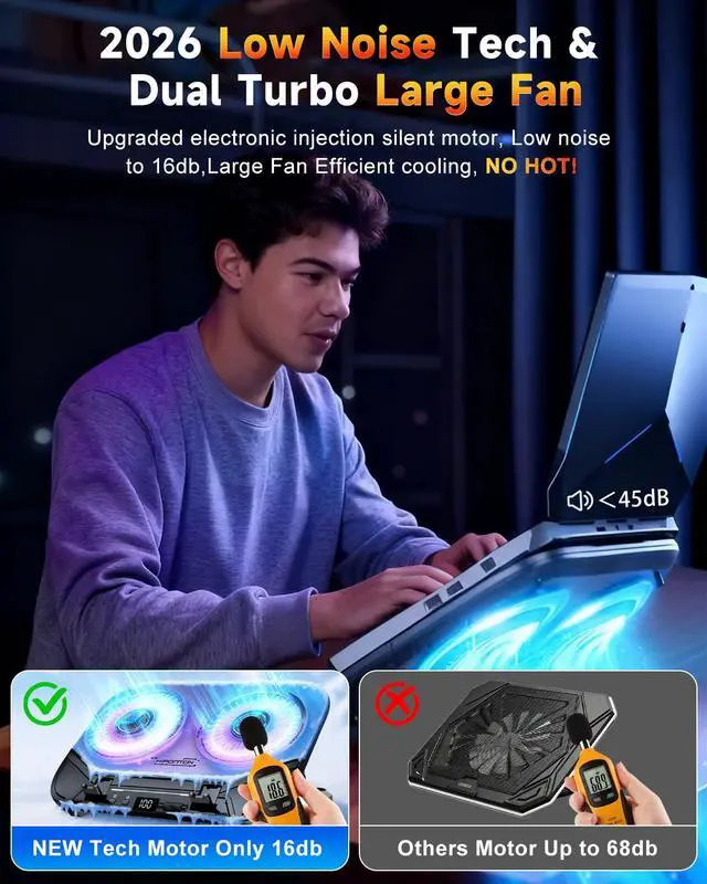 Alt view image 6 of 7 - Upgraded Laptop Cooling Pad with Dual TEC Coolers & 2 Quiet Fans-RGB Laptop Cooler for 12-21in Laptops, Gaming Laptop Fan Cooling Pad Stand with Phone Holder, 100-Speed & 5-Height Adjustable, USB Port