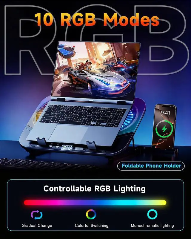 Alt view image 7 of 7 - Upgraded Laptop Cooling Pad with Dual TEC Coolers & 2 Quiet Fans-RGB Laptop Cooler for 12-21in Laptops, Gaming Laptop Fan Cooling Pad Stand with Phone Holder, 100-Speed & 5-Height Adjustable, USB Port