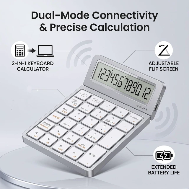 Alt view image 2 of 7 - Wireless Numeric Keypad Calculator, Bluetooth 2.4G Dual Mode (Silver White)