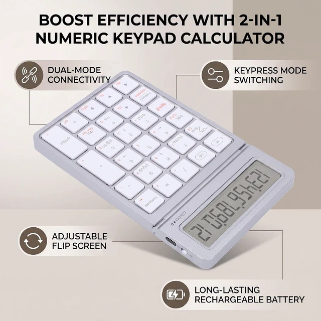 Alt view image 3 of 7 - Wireless Numeric Keypad Calculator, Bluetooth 2.4G Dual Mode (Silver White)