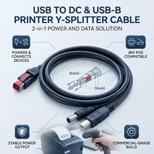 Alt view image 2 of 7 - USB Printer Cable, Y Splitter Cable, USB B Male, 5.5x2.5mm