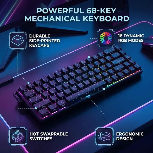 Alt view image 2 of 7 - Wired Mechanical Gaming Keyboard, 68 Keys (Black)