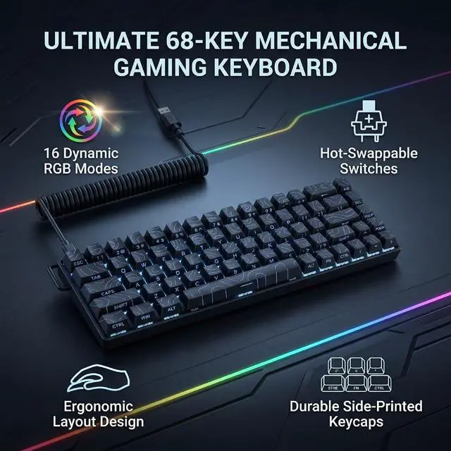 Alt view image 3 of 7 - Wired Mechanical Gaming Keyboard, 68 Keys (Black)