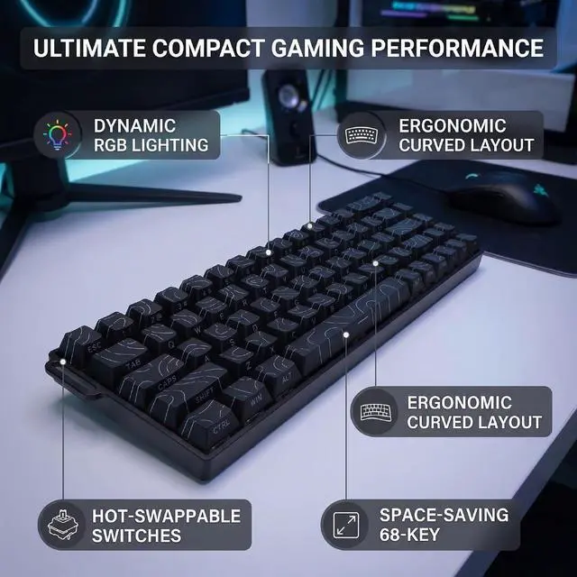 Alt view image 5 of 7 - Wired Mechanical Gaming Keyboard, 68 Keys (Black)