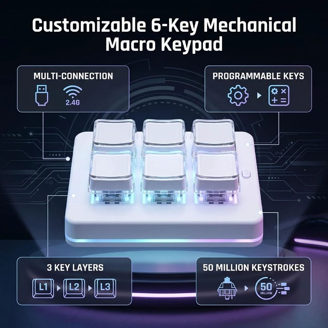 Alt view image 2 of 7 - Programmable Macro Keyboard, One Handed Keyboard, Gaming Keypad (White)