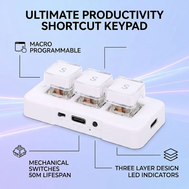 Alt view image 4 of 7 - 3 Key Keypad, Wired Bluetooth Macro Keyboard (White)