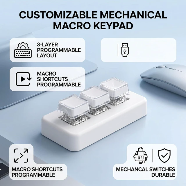 Alt view image 3 of 7 - 3 Key Keypad, Wired Bluetooth Macro Keyboard (White)
