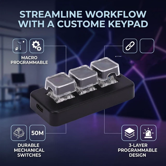 Alt view image 2 of 7 - 3-Key Macro Keypad, Bluetooth Wired, Mechanical Switch (Black)
