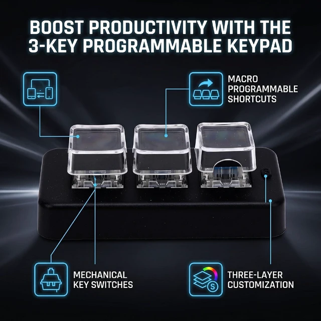 Alt view image 3 of 7 - 3-Key Macro Keypad, Bluetooth Wired, Mechanical Switch (Black)
