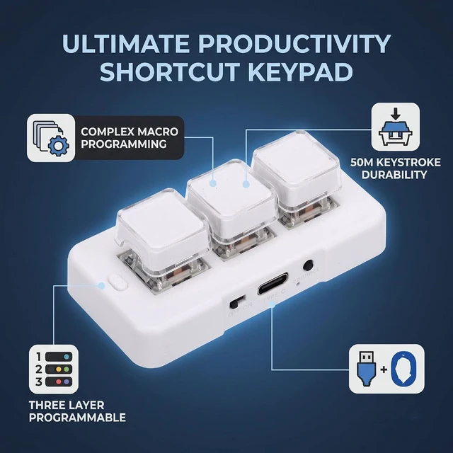 Alt view image 2 of 7 - 3 Key Keypad, Wired Bluetooth Macro Keyboard (White)