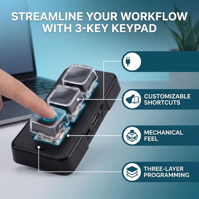 Alt view image 4 of 7 - 3-Key Macro Keypad, Bluetooth Wired, Mechanical Switch (Black)