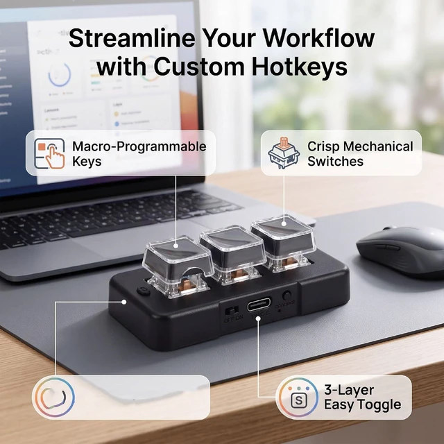 Alt view image 5 of 7 - 3-Key Macro Keypad, Bluetooth Wired, Mechanical Switch (Black)