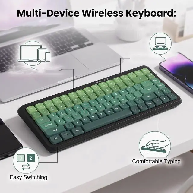 Alt view image 2 of 7 - Wireless Keyboard, Bluetooth 2.4G Dual Modes Keyboard (Black Green Gradient)