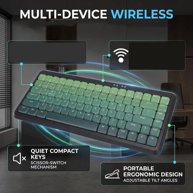 Alt view image 4 of 7 - Wireless Keyboard, Bluetooth 2.4G Dual Modes Keyboard (Black Green Gradient)