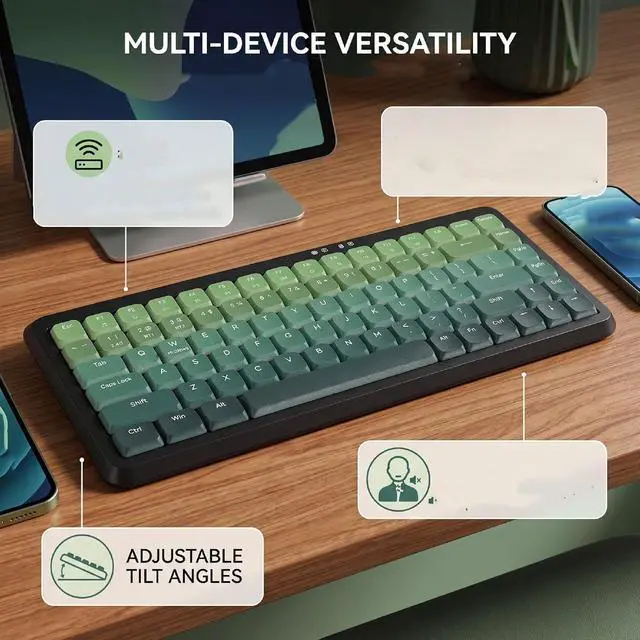Alt view image 5 of 7 - Wireless Keyboard, Bluetooth 2.4G Dual Modes Keyboard (Black Green Gradient)