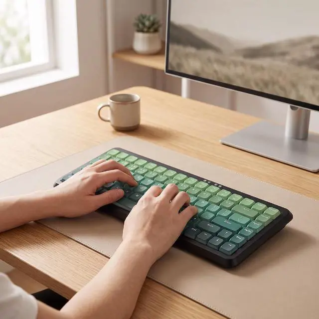 Alt view image 6 of 7 - Wireless Keyboard, Bluetooth 2.4G Dual Modes Keyboard (Black Green Gradient)