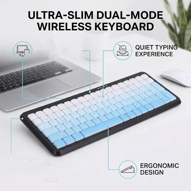 Alt view image 2 of 7 - Wireless Keyboard, Ergonomic Keyboard with Numeric Keypad, Quiet Typing, Dual Mode 2.4G BT, Ultra Slim, for Office Library (Dual Mode Black Blue Gradient Color)