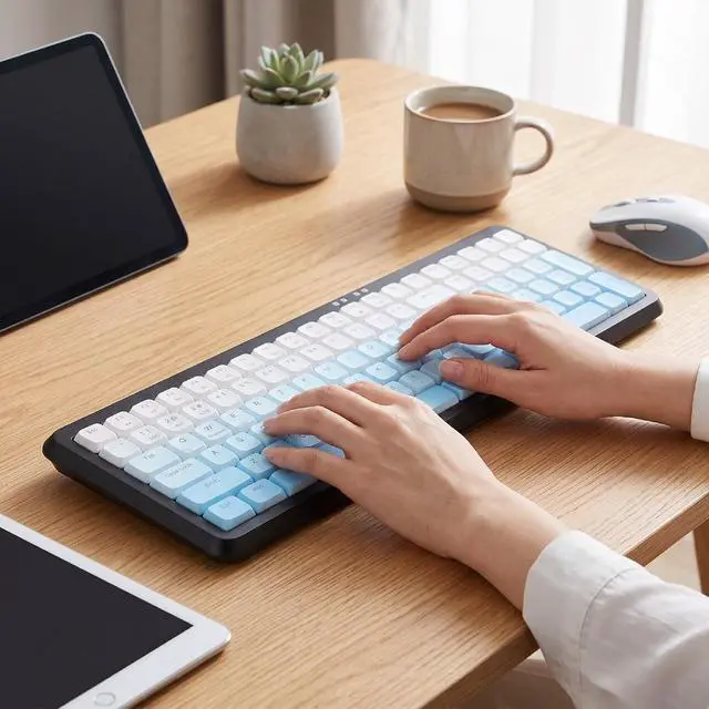 Alt view image 6 of 7 - Wireless Keyboard, Ergonomic Keyboard with Numeric Keypad, Quiet Typing, Dual Mode 2.4G BT, Ultra Slim, for Office Library (Dual Mode Black Blue Gradient Color)
