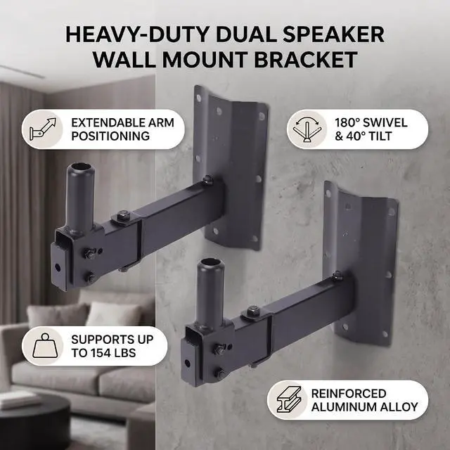 Alt view image 2 of 7 - Heavy Duty Dual PA Speaker Wall Mount, Aluminum Alloy 154lbs, Wide Compatibility Most Speakers, Adjustable for Home Theater Studio