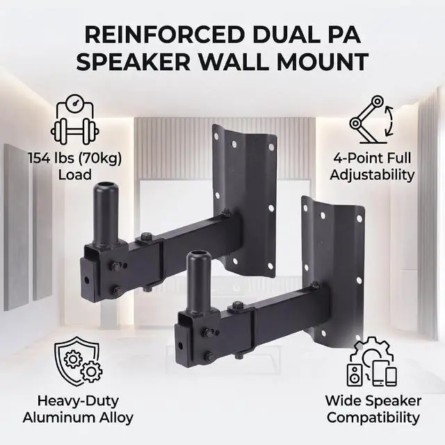 Alt view image 3 of 7 - Heavy Duty Dual PA Speaker Wall Mount, Aluminum Alloy 154lbs, Wide Compatibility Most Speakers, Adjustable for Home Theater Studio