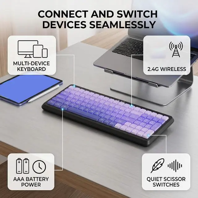 Alt view image 2 of 7 - Wireless Keyboard, BT 2.4G Dual Mode, Compact Portable Ergonomic Keyboard, Low Noise, for Computer Desktop Laptop Multi Device (Dual Mode Black Purple Gradient)