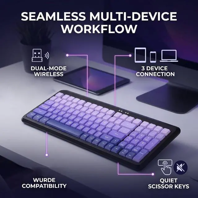 Alt view image 3 of 7 - Wireless Keyboard, BT 2.4G Dual Mode, Compact Portable Ergonomic Keyboard, Low Noise, for Computer Desktop Laptop Multi Device (Dual Mode Black Purple Gradient)