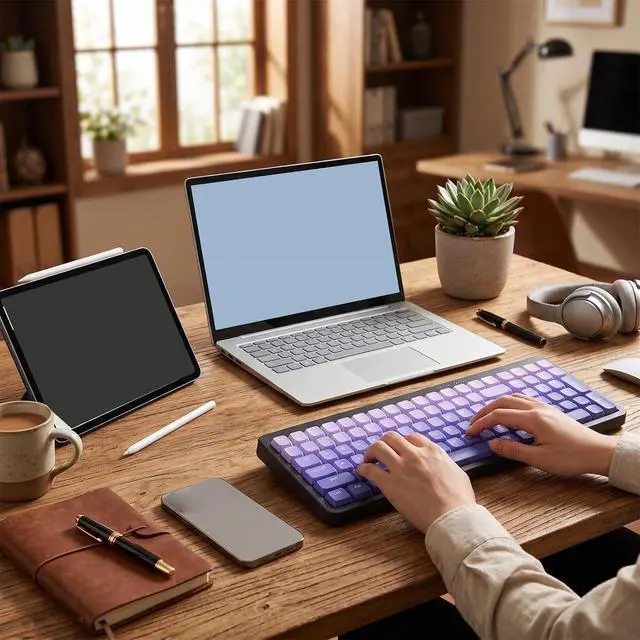 Alt view image 6 of 7 - Wireless Keyboard, BT 2.4G Dual Mode, Compact Portable Ergonomic Keyboard, Low Noise, for Computer Desktop Laptop Multi Device (Dual Mode Black Purple Gradient)