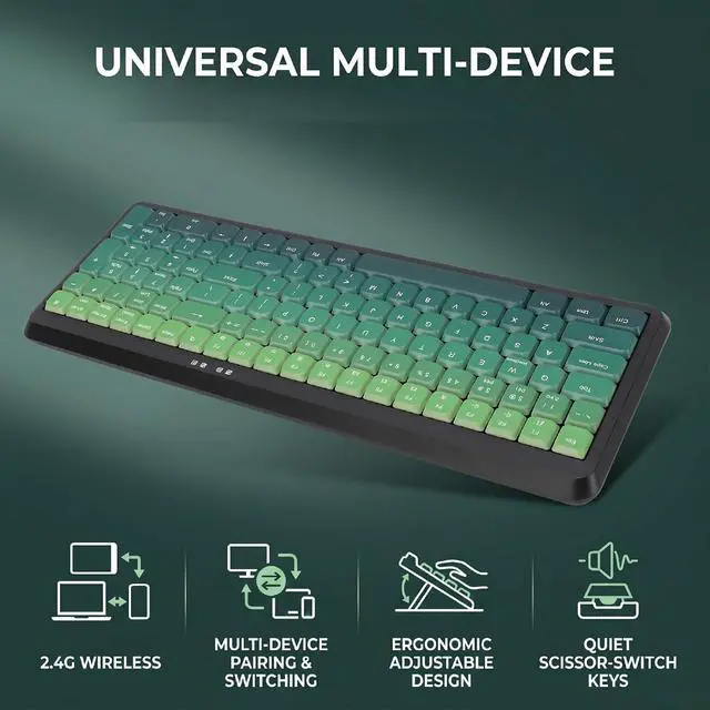 Alt view image 2 of 7 - Wireless Keyboard, BT 2.4G Dual Mode, Compact Portable Ergonomic Keyboard, Low Noise, for Computer Desktop Laptop Multi Device (Dual Mode Black Green Gradient)