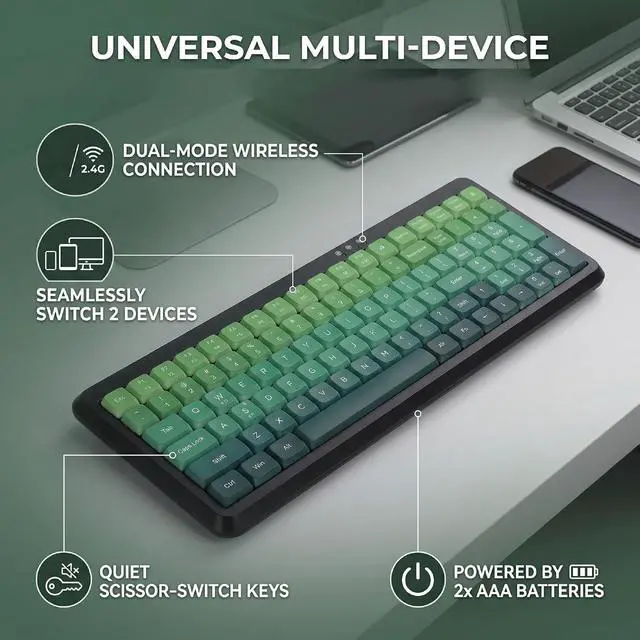 Alt view image 3 of 7 - Wireless Keyboard, BT 2.4G Dual Mode, Compact Portable Ergonomic Keyboard, Low Noise, for Computer Desktop Laptop Multi Device (Dual Mode Black Green Gradient)