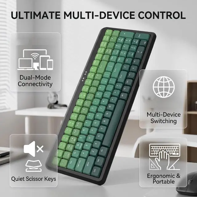 Alt view image 4 of 7 - Wireless Keyboard, BT 2.4G Dual Mode, Compact Portable Ergonomic Keyboard, Low Noise, for Computer Desktop Laptop Multi Device (Dual Mode Black Green Gradient)