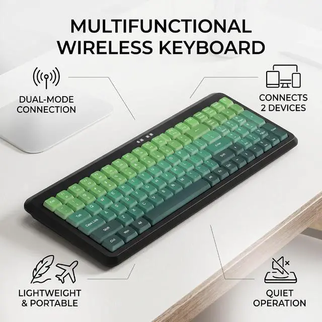 Alt view image 5 of 7 - Wireless Keyboard, BT 2.4G Dual Mode, Compact Portable Ergonomic Keyboard, Low Noise, for Computer Desktop Laptop Multi Device (Dual Mode Black Green Gradient)
