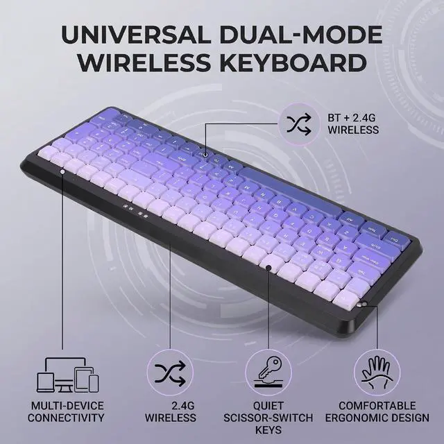 Alt view image 4 of 7 - Wireless Keyboard, BT 2.4G Dual Mode, Compact Portable Ergonomic Keyboard, Low Noise, for Computer Desktop Laptop Multi Device (Dual Mode Black Purple Gradient)