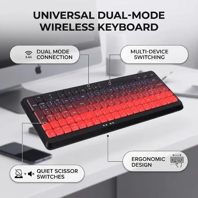 Alt view image 2 of 7 - Wireless Keyboard, BT 2.4G Dual Mode, Compact Portable Ergonomic Keyboard, Low Noise, for Computer Desktop Laptop Multi Device (Dual Mode Black Red Gradient)