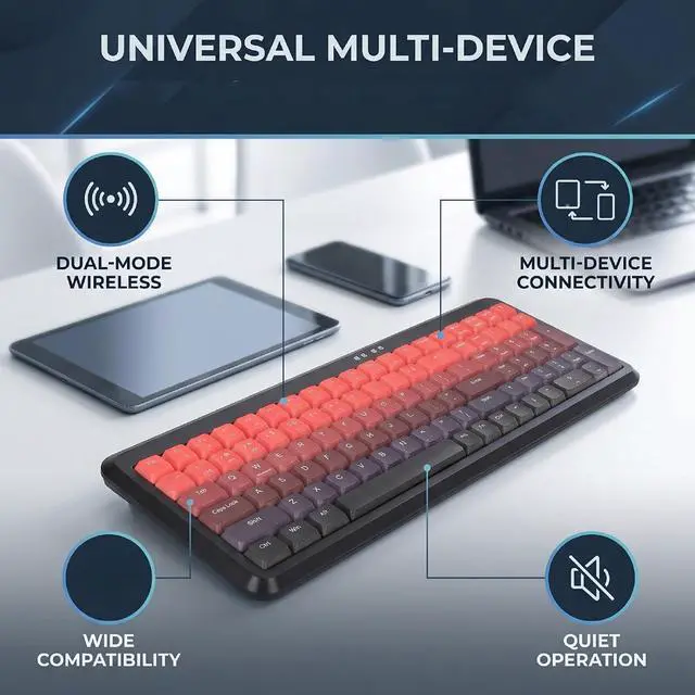 Alt view image 3 of 7 - Wireless Keyboard, BT 2.4G Dual Mode, Compact Portable Ergonomic Keyboard, Low Noise, for Computer Desktop Laptop Multi Device (Dual Mode Black Red Gradient)