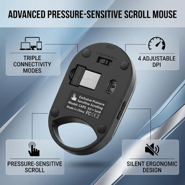 Alt view image 5 of 7 - Pressure Sensitive Scroll Mouse, Wired 2.4G Dual Bluetooth, 4 DPI 4000, Silent Ergonomic Slim Portable Design, for Laptop PC Tablet