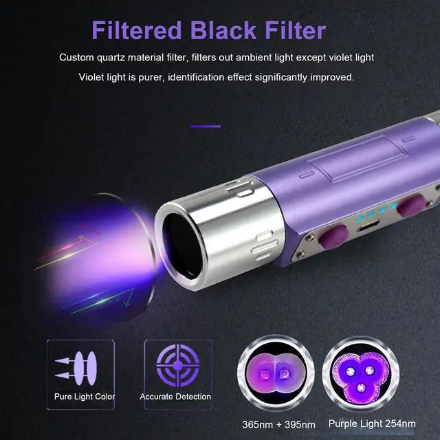 Alt view image 6 of 7 - Black Light Flashlight Detector, Multi Functional for Jade Ceramics Artwork Ink Inspection, 254nm/365nm/395nm Wavelengths, Built in Battery