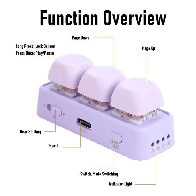 Alt view image 4 of 7 - 3 Key Keypad, Ergonomic Design RGB Backlight High Profile Switch, USB Bluetooth Programmable Macro Page Turner Mechanical Keyboard