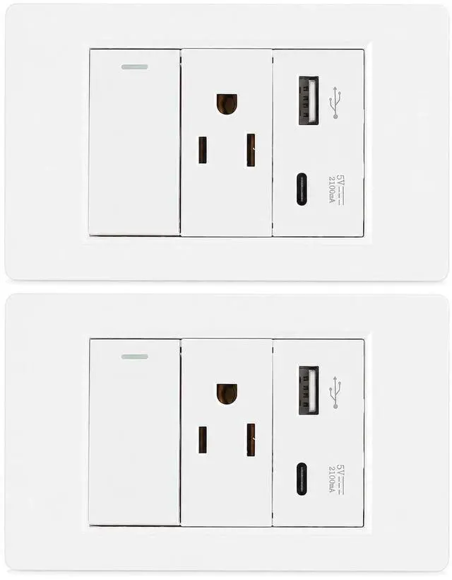 Main image of USB Outlet with Type C Port, 15A, Fast Charging 10W with Single Control Switch, 2 Pack for Home Office Wall Installation (US Plug)