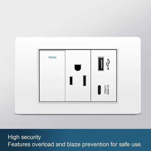 Alt view image 4 of 7 - USB Outlet with Type C Port, 15A, Fast Charging 10W with Single Control Switch, 2 Pack for Home Office Wall Installation (US Plug)