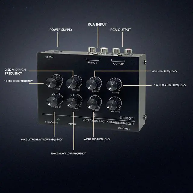 Alt view image 2 of 7 - 7 Band Sound Equalizer, 2 Channel Car Home Audio Graphic Equalizer with 3.5mm Input, Treble Bass Adjustment, for Recording Streaming (US Plug)