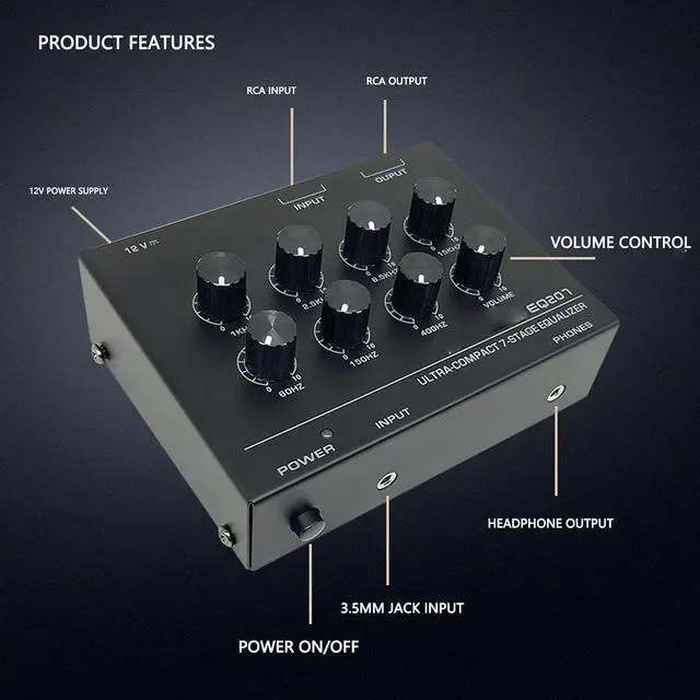 Alt view image 3 of 7 - 7 Band Sound Equalizer, 2 Channel Car Home Audio Graphic Equalizer with 3.5mm Input, Treble Bass Adjustment, for Recording Streaming (US Plug)