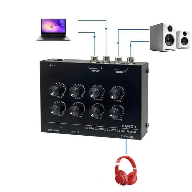 Alt view image 4 of 7 - 7 Band Sound Equalizer, 2 Channel Car Home Audio Graphic Equalizer with 3.5mm Input, Treble Bass Adjustment, for Recording Streaming (US Plug)