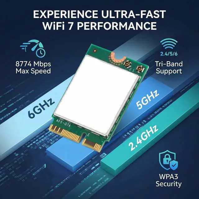 Alt view image 2 of 7 - WiFi 7 Wireless Card, M.2 NGFF 2230 E Key, Not, 3 Band 8774Mbps, Bluetooth 5.4, Fit for 11 & 10, for Laptop, Desktop