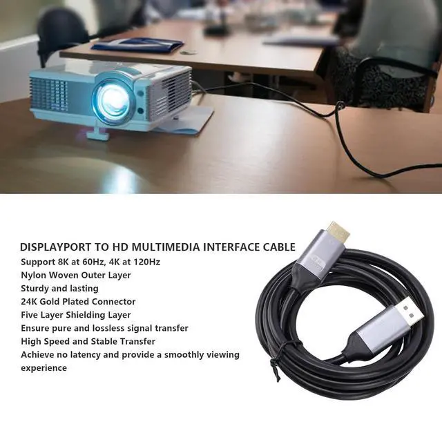 Alt view image 2 of 7 - DisplayPort to HDMI Cable, 8K 60Hz, 4K 120Hz, 1.8m Length DisplayPort to HD Cord, Universal Compatibility with Devices