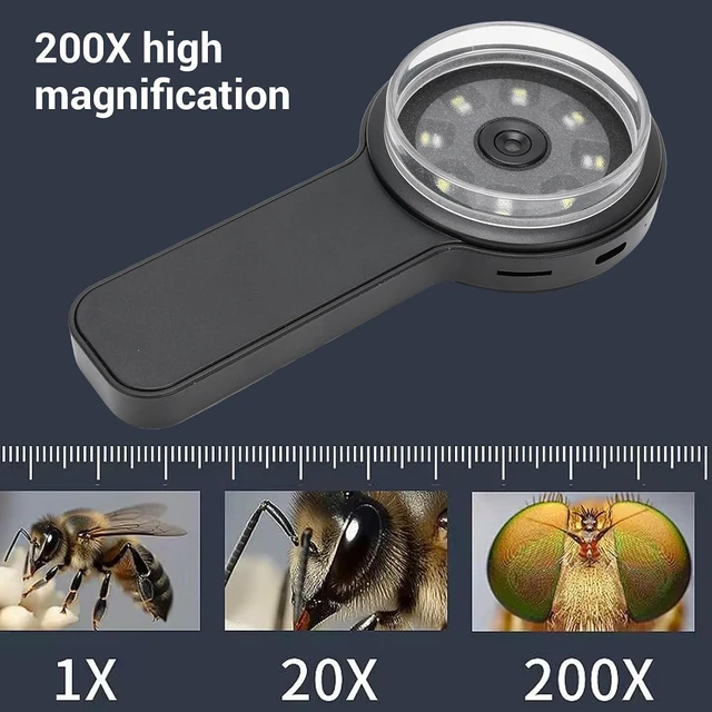 Alt view image 3 of 7 - Portable Digital Magnifying Glass, 200X Magnification, Handheld Microscope with Dual LED Light, for Kids Detailed Inspection Viewing (Black)