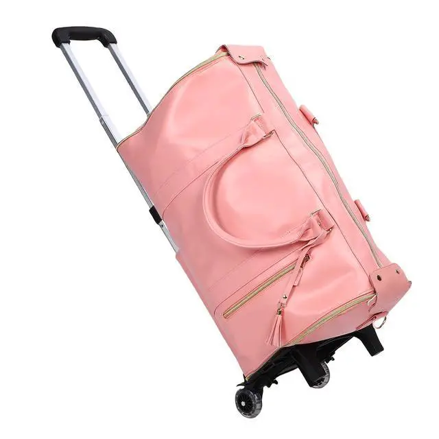 Alt view image 2 of 7 - Travel Bag with Detachable Trolley Handle, 40L Large Capacity Clothes Storage Bag for Travel, Foldable Space Saving Design, Wear Fabric, Front Zip Pocket (Pink)