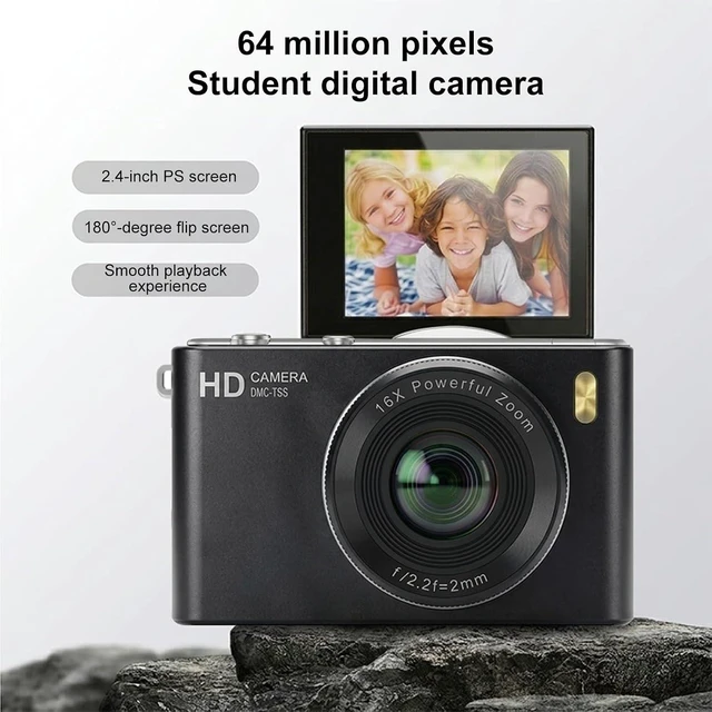 Alt view image 2 of 7 - Kids Digital Camera, 64MP 4K UHD Video, Portable Retro Selfie Camera, 2.4 inch 180 Flip Screen, 16X Zoom AF, Multiple Filming Modes (Black)